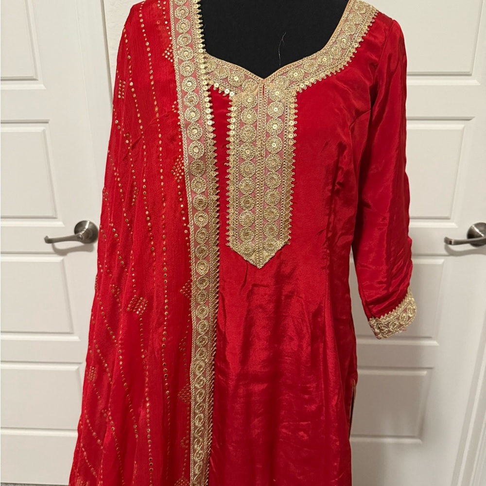 Red and Gold Embroidered Kurta
